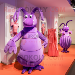 Lavender Lobster mascot costume character dressed with a Evening Gown and Coin purses