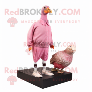 Pink Guinea Fowl mascot costume character dressed with a Long Sleeve Tee and Shoe laces