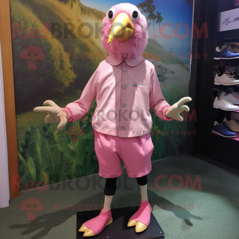 Pink Guinea Fowl mascot costume character dressed with a Long Sleeve Tee and Shoe laces