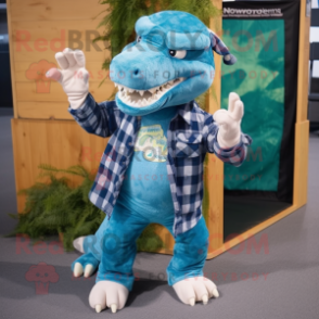 Cyan Allosaurus mascot costume character dressed with a Flannel Shirt and Anklets