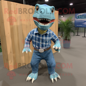 Cyan Allosaurus mascot costume character dressed with a Flannel Shirt and Anklets