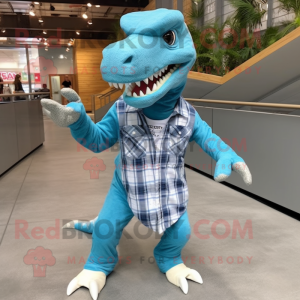 Cyan Allosaurus mascot costume character dressed with a Flannel Shirt and Anklets
