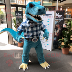 Cyan Allosaurus mascot costume character dressed with a Flannel Shirt and Anklets