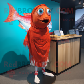 Red Fish And Chips mascot costume character dressed with a Board Shorts and Scarves