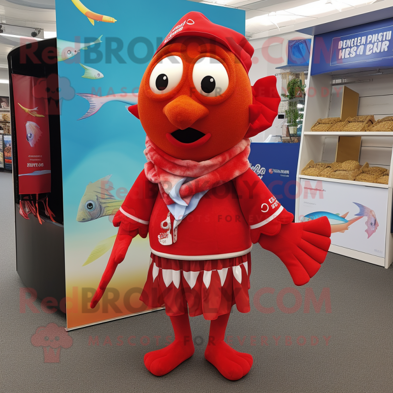 Red Fish And Chips mascot costume character dressed with a Board Shorts and Scarves