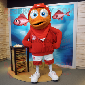 Red Fish And Chips mascot costume character dressed with a Board Shorts and Scarves