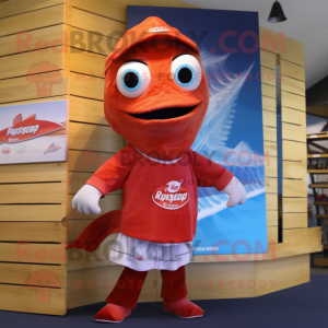 Red Fish And Chips mascot costume character dressed with a Board Shorts and Scarves