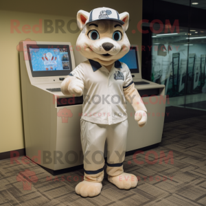 Cream Lynx mascot costume character dressed with a Tank Top and Caps