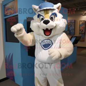 Cream Lynx mascot costume character dressed with a Tank Top and Caps