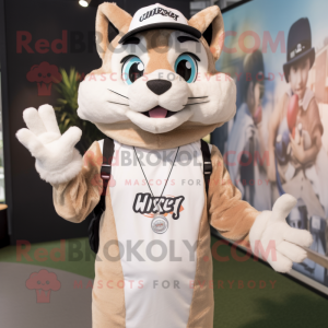 Cream Lynx mascot costume character dressed with a Tank Top and Caps