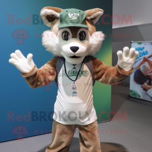 Cream Lynx mascot costume character dressed with a Tank Top and Caps