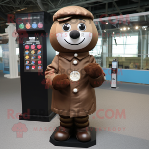 Brown Gumball Machine mascot costume character dressed with a Parka and Berets