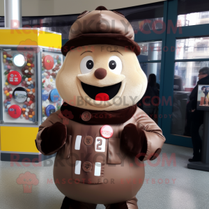 Brown Gumball Machine mascot costume character dressed with a Parka and Berets