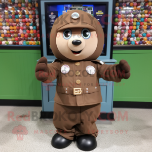 Brown Gumball Machine mascot costume character dressed with a Parka and Berets