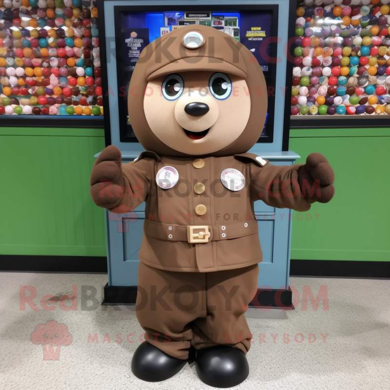 Brown Gumball Machine mascot costume character dressed with a Parka and Berets Brown Gumball Machine mascot costume character dressed with a Parka and Berets