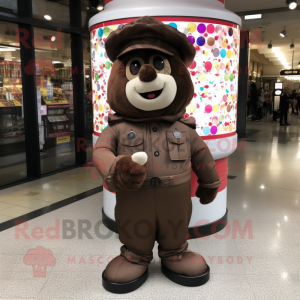 Brown Gumball Machine mascot costume character dressed with a Parka and Berets