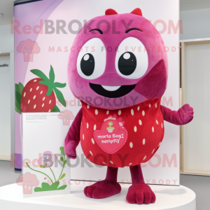 Magenta Strawberry mascot costume character dressed with a Henley Shirt and Scarves