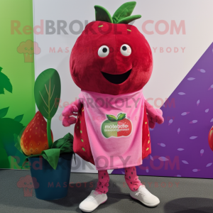 Magenta Strawberry mascot costume character dressed with a Henley Shirt and Scarves