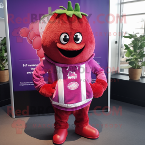 Magenta Strawberry mascot costume character dressed with a Henley Shirt and Scarves