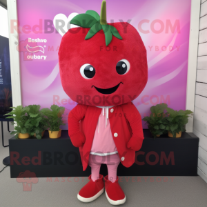 Magenta Strawberry mascot costume character dressed with a Henley Shirt and Scarves