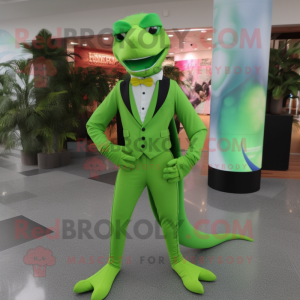 Lime Green Lizard mascot costume character dressed with a Suit Pants and Suspenders