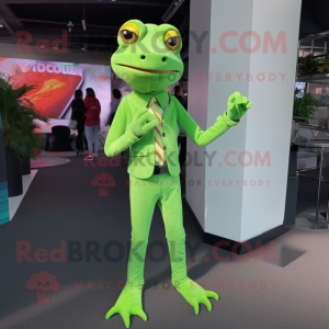 Lime Green Lizard mascot costume character dressed with a Suit Pants and Suspenders