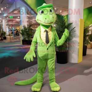 Lime Green Lizard mascot costume character dressed with a Suit Pants and Suspenders