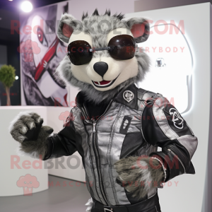 Silver Civet mascot costume character dressed with a Moto Jacket and Coin purses