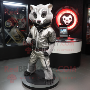 Silver Civet mascot costume character dressed with a Moto Jacket and Coin purses