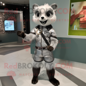 Silver Civet mascot costume character dressed with a Moto Jacket and Coin purses