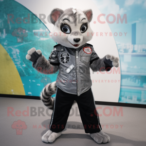 Silver Civet mascot costume character dressed with a Moto Jacket and Coin purses