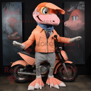 Peach Dimorphodon mascot costume character dressed with a Biker Jacket and Beanies