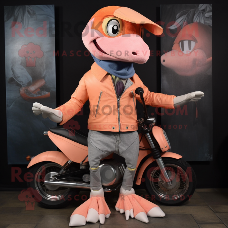 Peach Dimorphodon mascot costume character dressed with a Biker Jacket and Beanies