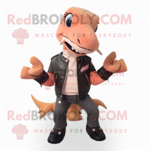 Peach Dimorphodon mascot costume character dressed with a Biker Jacket and Beanies