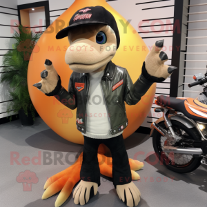 Peach Dimorphodon mascot costume character dressed with a Biker Jacket and Beanies