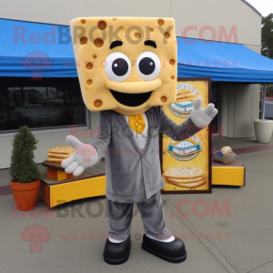 Gray Grilled Cheese Sandwich mascot costume character dressed with a Suit Pants and Watches