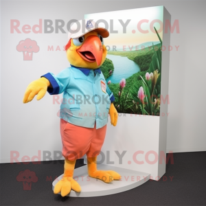 Peach Parrot mascot costume character dressed with a Capri Pants and Hat pins