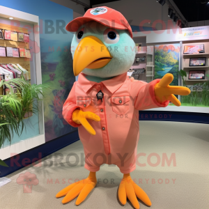 Peach Parrot mascot costume character dressed with a Capri Pants and Hat pins
