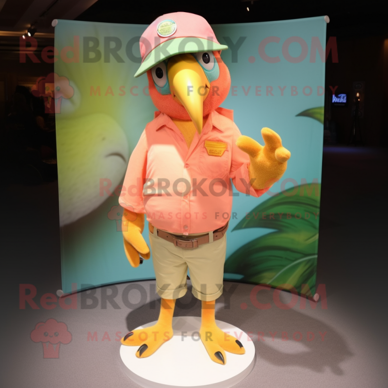 Peach Parrot mascot costume character dressed with a Capri Pants and Hat pins