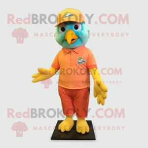 Peach Parrot mascot costume character dressed with a Capri Pants and Hat pins