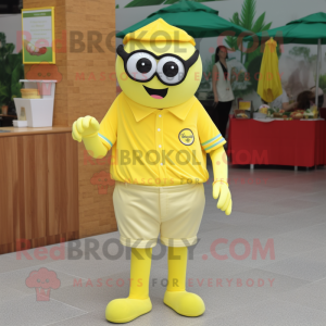 Lemon Yellow Steak mascot costume character dressed with a Polo Shirt and Eyeglasses