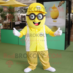 Lemon Yellow Steak mascot costume character dressed with a Polo Shirt and Eyeglasses