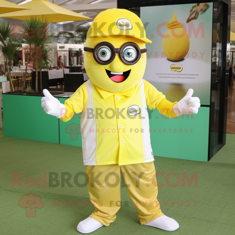 Lemon Yellow Steak mascot costume character dressed with a Polo Shirt and Eyeglasses Lemon Yellow Steak mascot costume character dressed with a Polo Shirt and Eyeglasses
