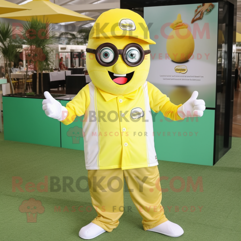 Lemon Yellow Steak mascot costume character dressed with a Polo Shirt and Eyeglasses