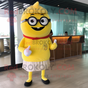 Lemon Yellow Steak mascot costume character dressed with a Polo Shirt and Eyeglasses