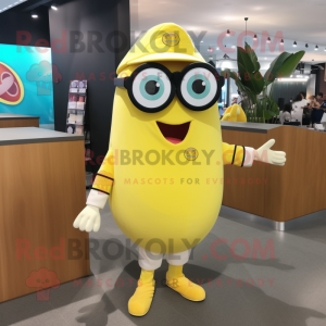 Lemon Yellow Steak mascot costume character dressed with a Polo Shirt and Eyeglasses