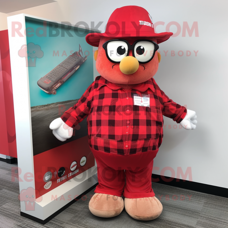 Red Gyro mascot costume character dressed with a Flannel Shirt and Wallets Red Gyro mascot costume character dressed with a Flannel Shirt and Wallets