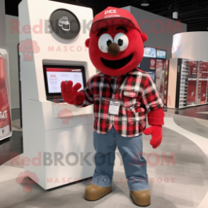 Red Gyro mascot costume character dressed with a Flannel Shirt and Wallets