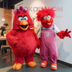 Magenta Chicken Parmesan mascot costume character dressed with a Dungarees and Brooches