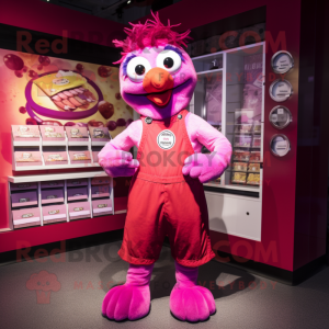 Magenta Chicken Parmesan mascot costume character dressed with a Dungarees and Brooches